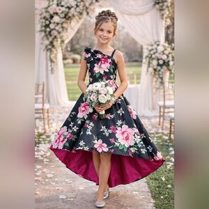 Floral High-Low Party Dress for Girls - Black & Pink